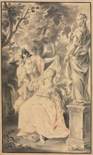 Allegorical Scene: Couple before a Statue, 1700s. F. Müller (German). Brush and gray wash, with