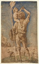 Saint Christopher, c.1500. Andrea Mantegna (Italian, 1431-1506). Pen and brown ink and blue gouache