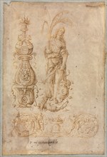 Design for a Candelabrum, Allegorical Figure of Abundance, Ornamental Relief Design, c. 1490s.