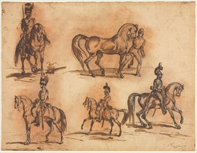 Five Equestrian Studies: Cavalrymen, mid 19th century. Auguste Raffet (French, 1804-1860). Pen and
