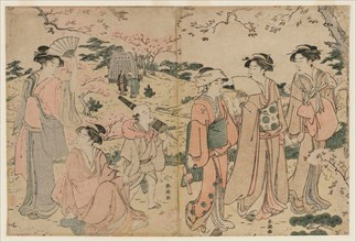 Women Viewing Cherry Blossoms at Asukayama, 1780s. Katsukawa Shuncho (Japanese). Color woodblock