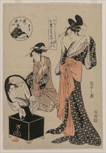 Courtesan Before a Mirror Adjusting Her Hairpins (from the series A New Series of the Six Immortal