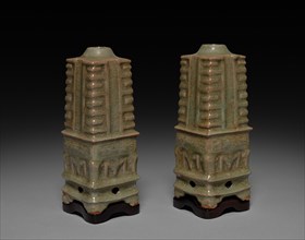 Pair of Vases in Shape of Cong: Southern Celadon Ware, 1271-1368. China, Zhejiang province, Yuan