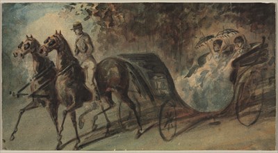 Carriage in the Bois de Boulogne, 1800s. Constantin Guys (French, 1805-1892). Watercolor; sheet: 14