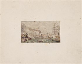 Needle-box Print:  The Royal Fleet in Kilkenny Bay (?), 1850. George Baxter (British, 1804-1867).