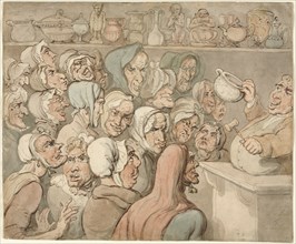 Old Maids at a Sale of Curiosities. Thomas Rowlandson (British, 1756-1827). Pen and brown and gray