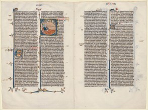 Bifolium from a Bible: Initial E[t factum est] with Ezekiel, c. 1290. France, Paris, 13th century.