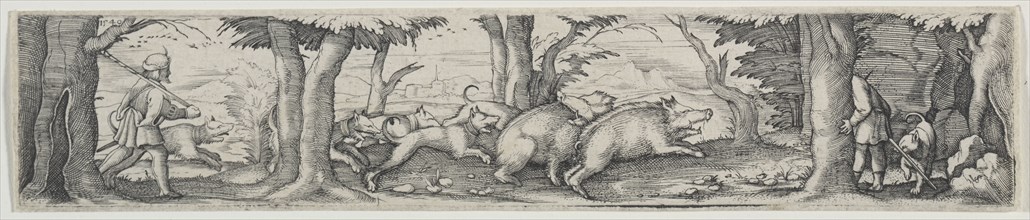 Boar Hunt. Virgilius Solis (German, 1514-1562). Engraving