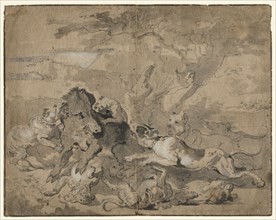 Boar Hunt, c. 1672. Abraham Hondius (Dutch, c. 1625-1695). Pen and black ink and brush and black