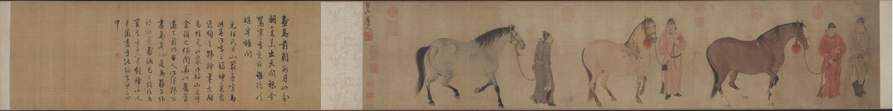 Three Horses and Four Grooms, c. 1320s. Ren Renfa (Chinese, 1254-1328). Handscroll, ink and color