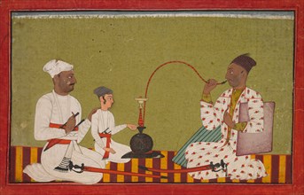 Seated Prince Smoking a Hookah, c, 1710-1715. India, Pahari, Mankot, 18th century. Ink and color on