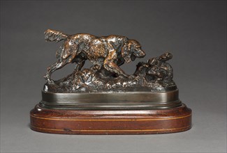 Spaniel Pointing a Rabbit, c. 1830 -1875. Antoine-Louis Barye (French, 1796-1875). Bronze; overall: