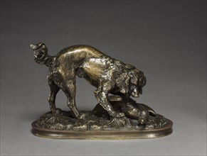 Spaniel and Duck, c.1830 - 1875. Antoine-Louis Barye (French, 1796-1875). Bronze; overall: 14.9 x