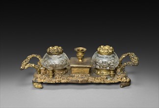 Inkwell Set, 1825-1850. England or America, 19th century. Gilt bronze and glass