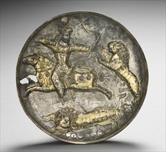 Dish:  King Hormizd II or Hormizd III Hunting Lions, 400-600. Iran, Sasanian, 5th-6th Century.