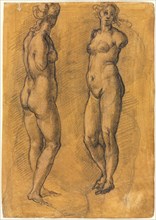 Copy of an Antique Statue of a Standing Woman (two views), over a Sketch of a Putto, 1570s. Jacopo