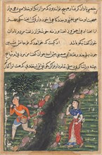 Page from Tales of a Parrot (Tuti-nama): Sixteenth night: The vagabond crosses a stream with the