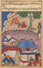 Page from Tales of a Parrot (Tuti-nama): Twenty-fourth night: Habbaza meets Bashir under a tree, c.