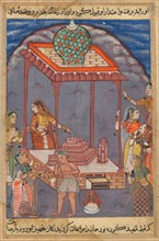 Page from Tales of a Parrot (Tuti-nama): Twenty-fifth night: The destitute Mukhtar meets his wife