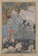 Page from Tales of a Parrot (Tuti-nama): Thirtieth night: A woman with two children, having