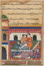 Page from Tales of a Parrot (Tuti-nama): Fortieth night: Shahr-Arai and her lover dallying on a bed