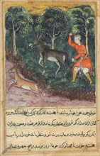Page from Tales of a Parrot (Tuti-nama): Forty-first night: The gardener seizes and beats a donkey