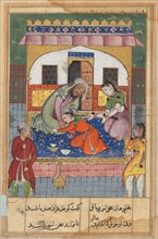 Page from Tales of a Parrot (Tuti-nama): Forty-second night: Repenting his conduct, ‘Ubaid falls at