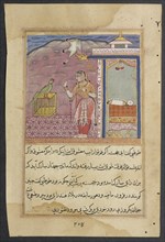 Page from Tales of a Parrot (Tuti-nama): Forty-fourth night: The parrot addresses Khujasta at the
