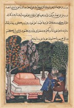 Page from Tales of a Parrot (Tuti-nama): Forty-eighth night: The young man of Baghdad reunited with