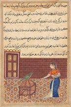 Page from Tales of a Parrot (Tuti-nama): Fifty-first night: The parrot addresses Khujasta at the