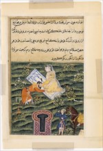 Page from Tales of a Parrot (Tuti-nama): Fifty-first night: Khusrau, the King of Kings, pays homage