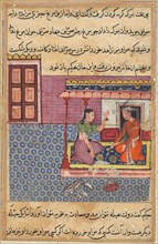 Page from Tales of a Parrot (Tuti-nama): Fifty-second night: The pious man’s wife offers the