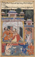 Page from Tales of a Parrot (Tuti-nama): Eighth night: The deceitful wife assaults her erring
