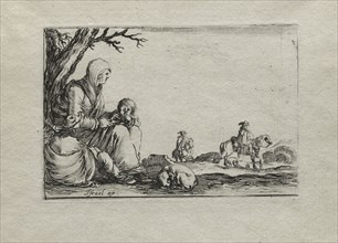 Caprices:  Seated Beggar Woman with Two Children. Stefano Della Bella (Italian, 1610-1664). Etching