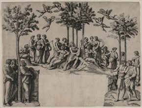 Apollo on Parnassus, c. 1517-1520. Marcantonio Raimondi (Italian, 1470/82-1527/34), after Raphael
