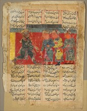 A King Receiving Three Men, page from the Khamsa of Amir Khusrau Dihlavi, 1450-1500. India,