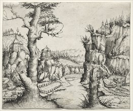 River Landscape with rocks at left ana at right, 1546. Augustin Hirschvogel (German, 1503-1553).