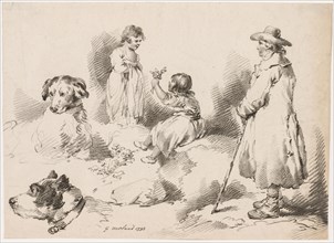 Studies of Children (Two Little Girls); Two Dogs; A Man, 1793. After George Morland (British,