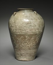 Jar with Scroll Design, 1400s. Korea, Joseon dynasty (1392-1910). Buncheong ware with incised,