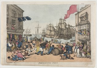 Portsmouth Point, 1814. Thomas Rowlandson (British, 1756-1827). Etching, hand colored