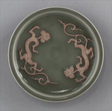 Dish with Two Dragons in Relief:  Longquan Ware, 14th Century. China, Zhejiang province, Yuan
