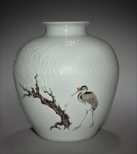 Jar with Crane and Willow in Relief, 18th Century. China, Jiangxi province, Jingdezhen kilns, Qing