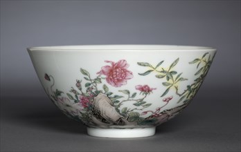 Bowl with Poppies, Tree Peony, and Flowering Mimosa, 1723-35. China, Jiangxi province, Jingdezhen,