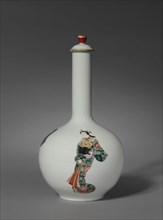 Sake Bottle with Three Figures: Arita Ware, Ko Imari Type, late 1700s. Japan, Edo Period