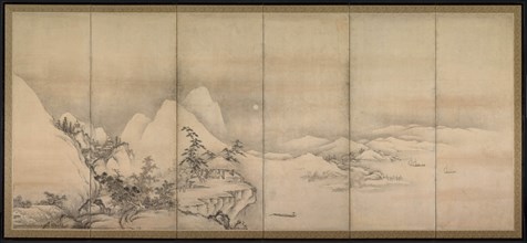 Chinese Landscape, 1500s. Japan, Muromachi period (1392-1573). One of a pair of six-fold screens;