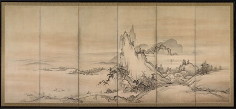 Chinese Landscape, 1500s. Japan, Muromachi period (1392-1573). Pair of six-fold screens; ink and