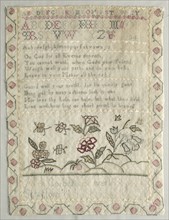 Sampler, February 17, 1755. Alles Corbett. Wool scrim, silk cross and satin stitches, eyelet and