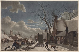 Winter Night in a Dutch Town, 1797. Jacob Cats (Dutch, 1741-1799). Watercolor heightened with white