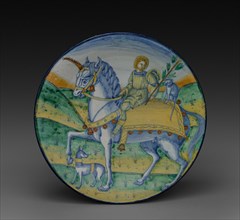 Plate: Man Riding a Unicorn, c. 1510. Circle of Jacopo Caffagiolo (Italian). Tin-glazed earthenware
