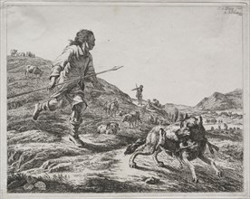 Shepherd Chasing a Wolf, 1803. Adam von Bartsch (Austrian, 1757-1821). Etching